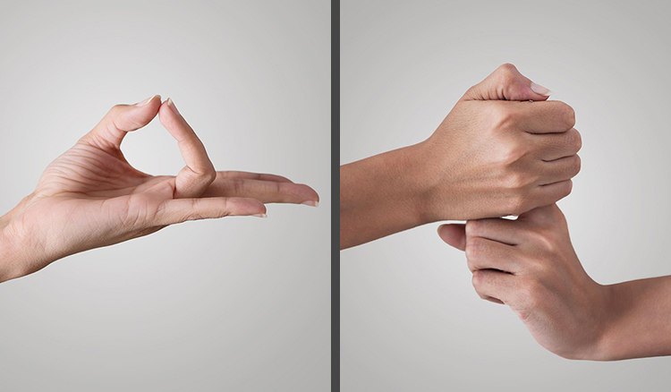 Jnana Mudra on the left is well known. Ushas Mudra on the right is ideal as a morning routine.